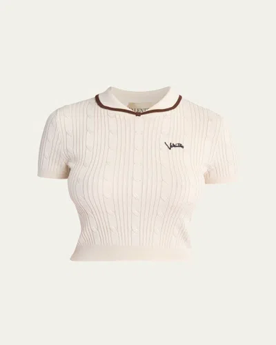 Valentino Cable Knit Crop Polo Sweater In White