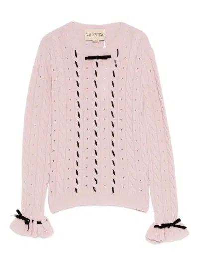 Valentino Cable-knit Ribbon-trimmed Sweater In Pink