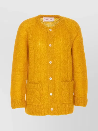 VALENTINO CABLE KNIT ROUND NECK CARDIGAN WITH POCKETS
