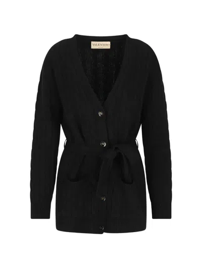 Valentino Cable-knit Belted Cardigan In Black