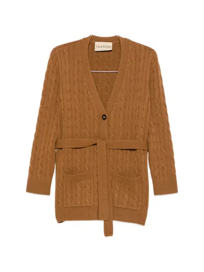 Valentino Cable-knit Belted Cardigan In Brown