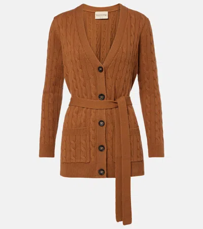 Valentino Garavani Belted Cable Stitch Cashmere Cardigan In Brown