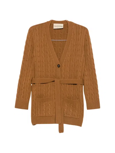 Valentino Cable-knit Cashmere Cardigan With V-neck, Pockets & Belt In Brown