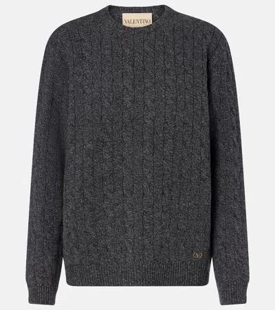 Valentino Virgin Wool Crewneck Sweater Cable Knit In Gray