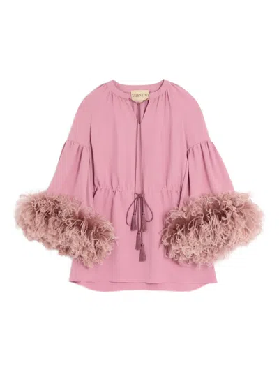 Valentino Cady Couture Feather-trim Blouse In Pink