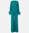 Valentino Silk Feather-trim Jumpsuit In Blue