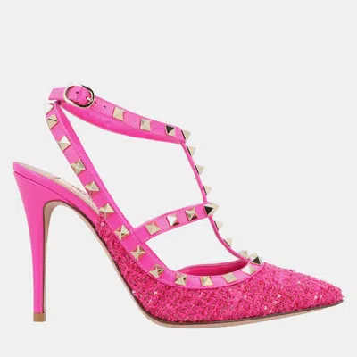 Pre-owned Valentino Garavani Caged 100 Tweed & Leather Eu 38 Pink Pump