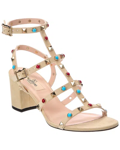 Valentino Garavani Valentino Caged Rockstud 58 Suede Ankle Strap Sandal In Neutral