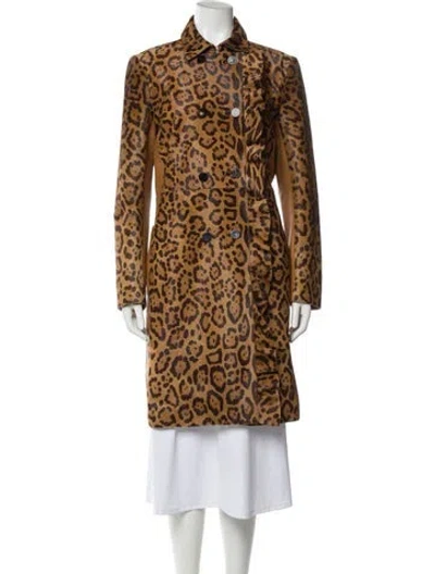 Pre-owned Valentino Calf Leather Animal Print Trench Coat In Brown