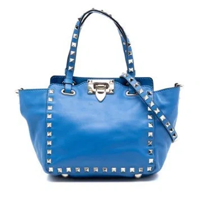 Pre-owned Valentino Garavani Calf Leather Mini Leather Rockstud Trapeze Satchel In Blue