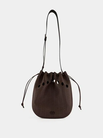 Valentino Garavani Valentino Calf Leather Satchel Drawstring Bag In Marrone Scuro