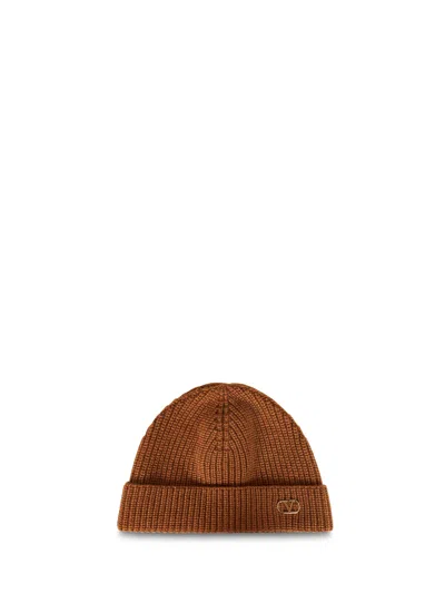 Valentino Garavani Camel Cashmere Knitted Vlogo Signature Beanie In Brown