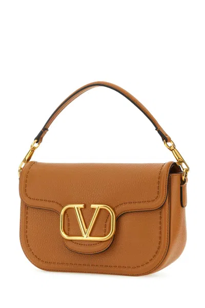 Valentino Garavani Almond Beige Calf Leather Alltime Shoulder Bag In Brown