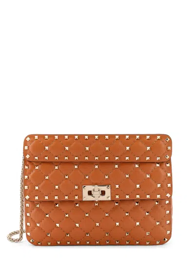 Valentino Garavani Camel Nappa Leather Medium Rockstud Spike Handbag In Brown