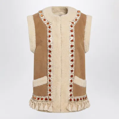Valentino Camel Shearling And Suede Vest In Beige
