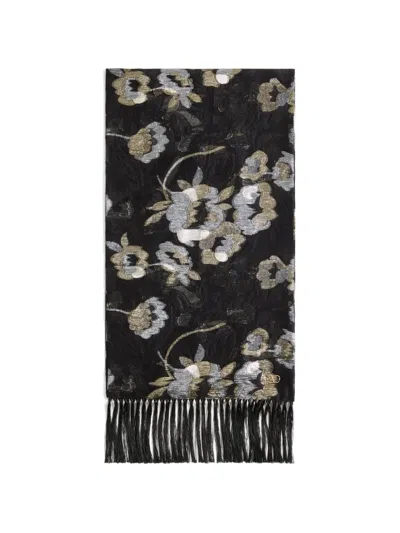 Valentino Camelia Silk Scarf With Metallic Fiber In Black