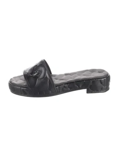 Pre-owned Valentino Garavani Camellia Accent Rubber Slides In Black