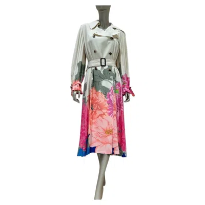 Pre-owned Valentino Camellia Silk Pleated Avorio & Fuchsia Trench Coat Sz.42 In Brown