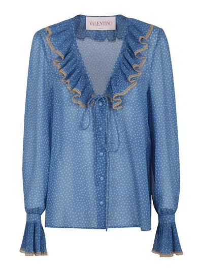 Valentino Polka-dots Silk Shirt With Lace Profile In Blue