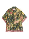 Valentino Linen Shirt Floral Print Fringed Edge In Green