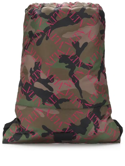 Valentino Garavani Camouflage Drawstring Backpack In Green