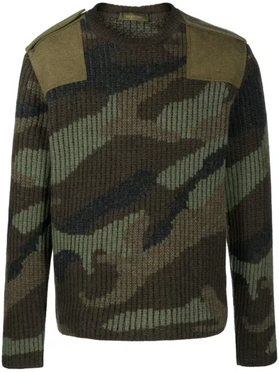 Valentino Camouflage Panelled Ribbed-knit Jumper In Green