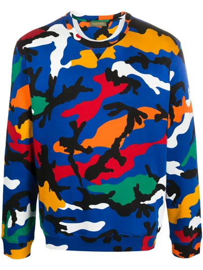 Valentino Camouflage Print Crewneck Sweatshirt In Blue