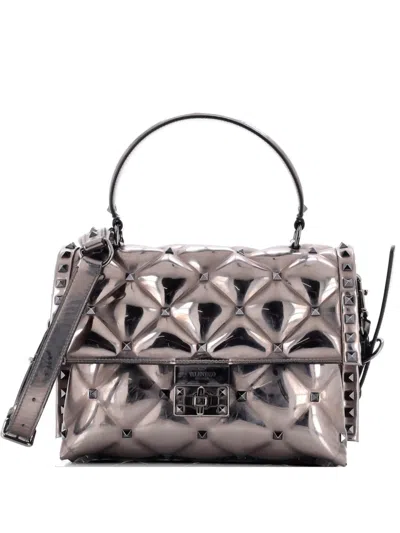 Pre-owned Valentino Garavani Candystud Top Handle Bag Leather Medium Shoulder Bag In Silver