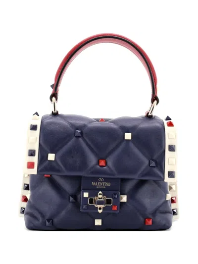 Pre-owned Valentino Garavani Candystud Top Handle Bag Leather Mini Satchel In Blue