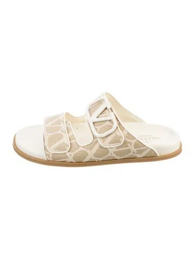 Pre-owned Valentino Garavani Canvas Graphic Print Slides In Neutrals