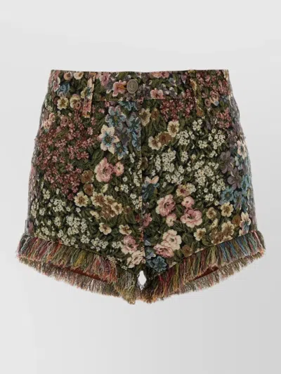 Valentino Canvas Shorts Floral Embroidery Frayed Hem In Brown