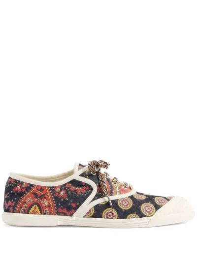 Valentino Garavani Bay By Bay Denim Fabric Sneakers With Voyage Imaginaire Motif In Blue