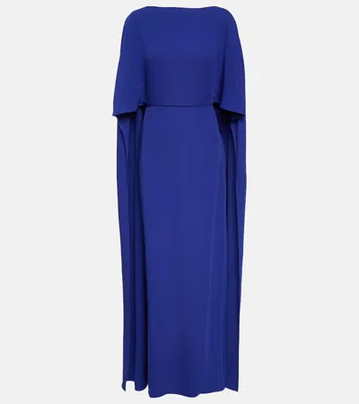 Valentino Silk Boat Neckline Dress With Cape Design In Blue