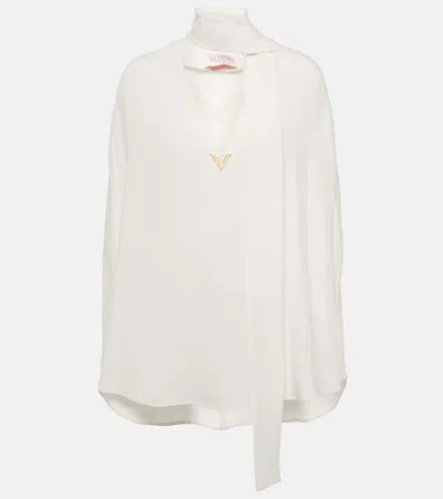 Valentino Caped Tie-neck Silk Blouse In Weiss