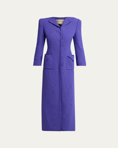 Valentino Cappotto Embossed Long Coat In Purple