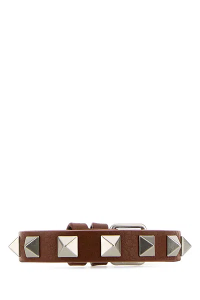 Valentino Garavani Brown Leather Rockstud Bracelet In Deepcaramel
