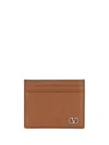 Valentino Garavani Brown Card Holder With Metallic Vlogo On The Front In Black Hammered Leather Man