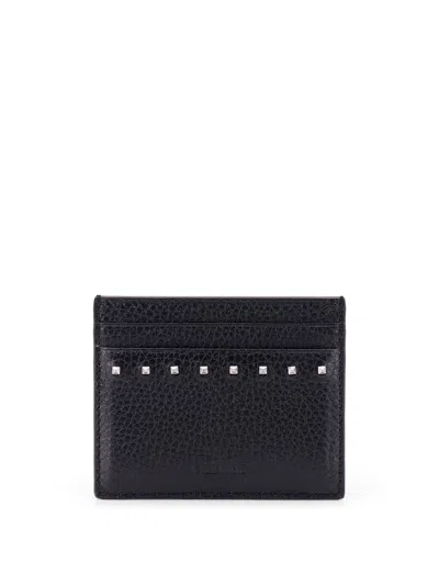 Valentino Garavani Leather Card Holder With Textured Finish And Studded Design In Black