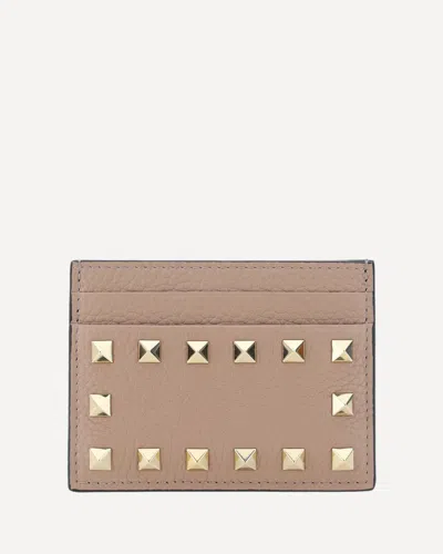 Valentino Garavani Card Holder Rockstud Vitello Stampa In Sand