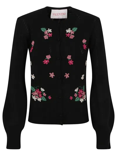 Valentino Wool Floral Embroidered Balloon Sleeve Cardigan In Black