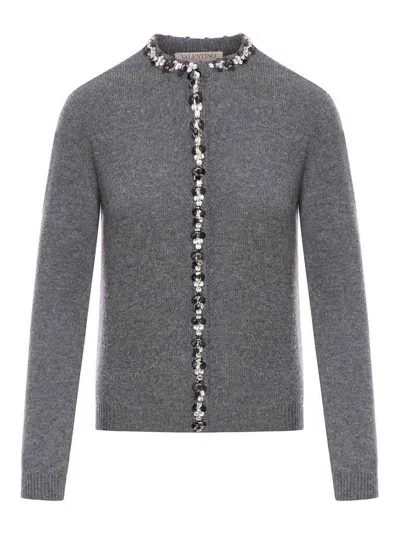 Valentino Wool Cardigan With Embroidered Trim In Grey