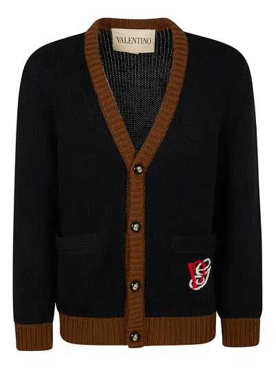 Valentino Wool Cardigan Contrast Trim Front Pockets In Black
