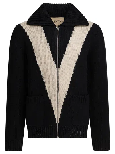 Valentino Cardigan V Motif Long Sleeves Pockets In Black