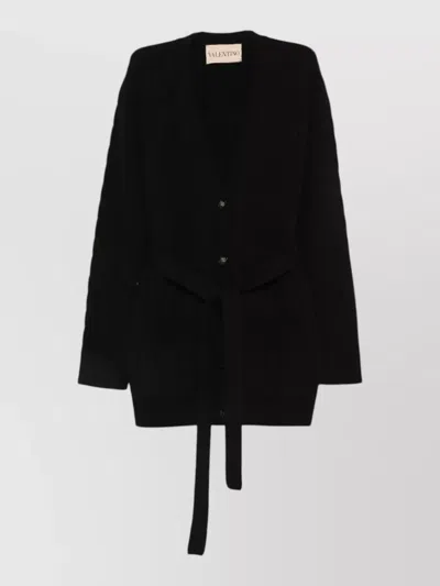 Valentino Cashmere Cable Cardigan Belted Cropped Style In Black