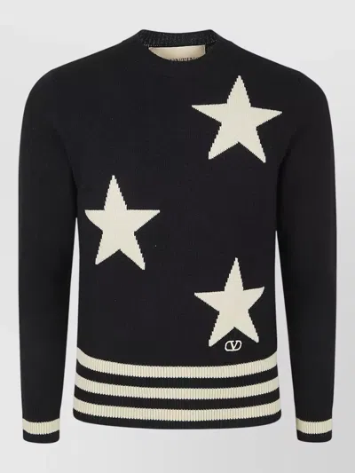 Valentino Cashmere Crew Neck Sweater Star Pattern In Black