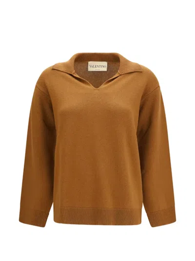 Valentino Collared Neck Top Ribbed Cuffs Hem In Brown