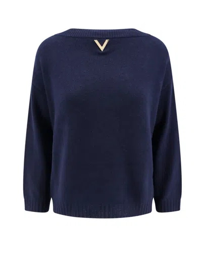 Valentino Cashmere Sweater With Metallic V Detail In Blue