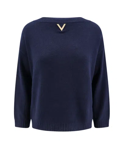 Valentino Cashmere Sweater With Metallic V Detail In Blue