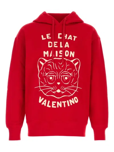 Valentino Cotton Sweatshirt With Hood And Graphic Print In Red