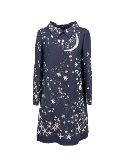 Pre-owned Valentino Celestial-print Long-sleeve Mini Dress In Blue